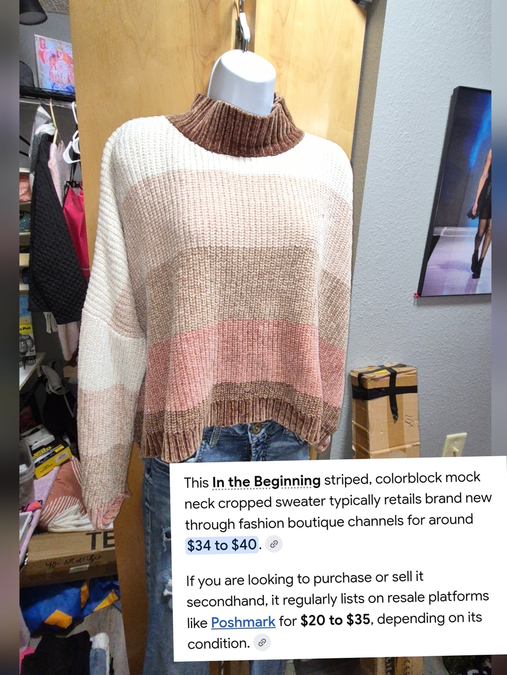 Striped Colorblock Mock Neck Cropped Sweater - Cream, Pink & Brown